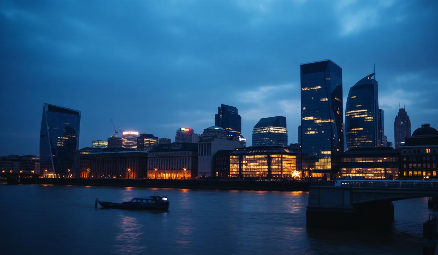 London financial district skyline at dusk along the River Thames, illustrating the UK gambling market context